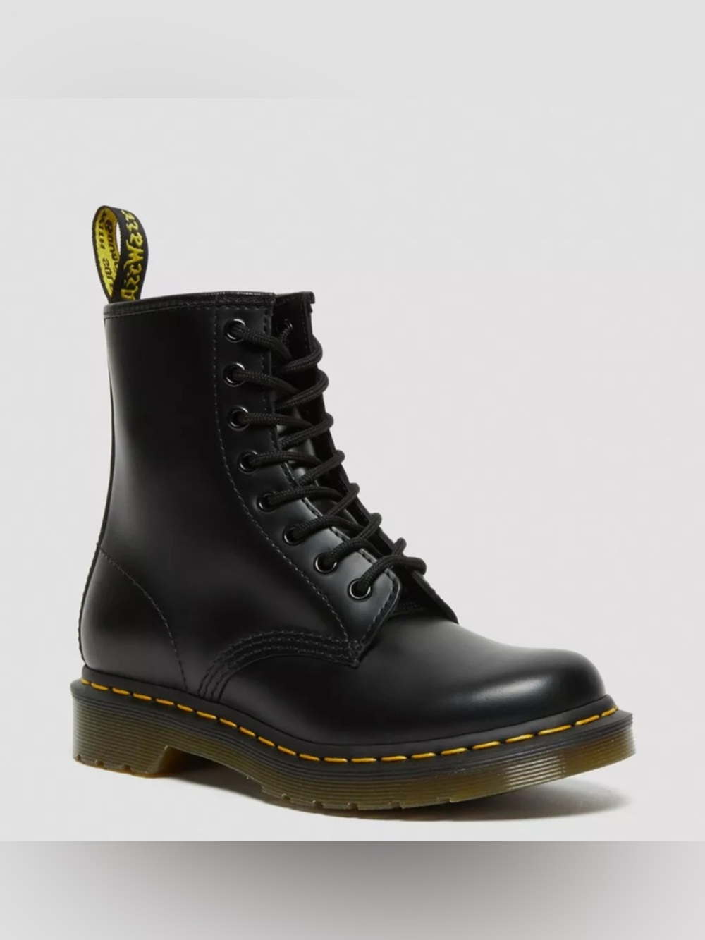 Dr. Martens Black Leather 8-Eye Lace-Up Boot with Yellow Stitching